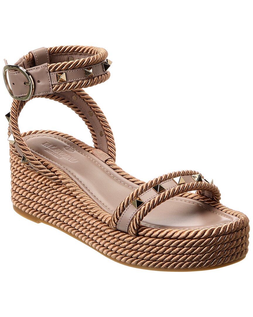 Valentino Valentino Rockstud 45 Rope & Leather Wedge Sandal