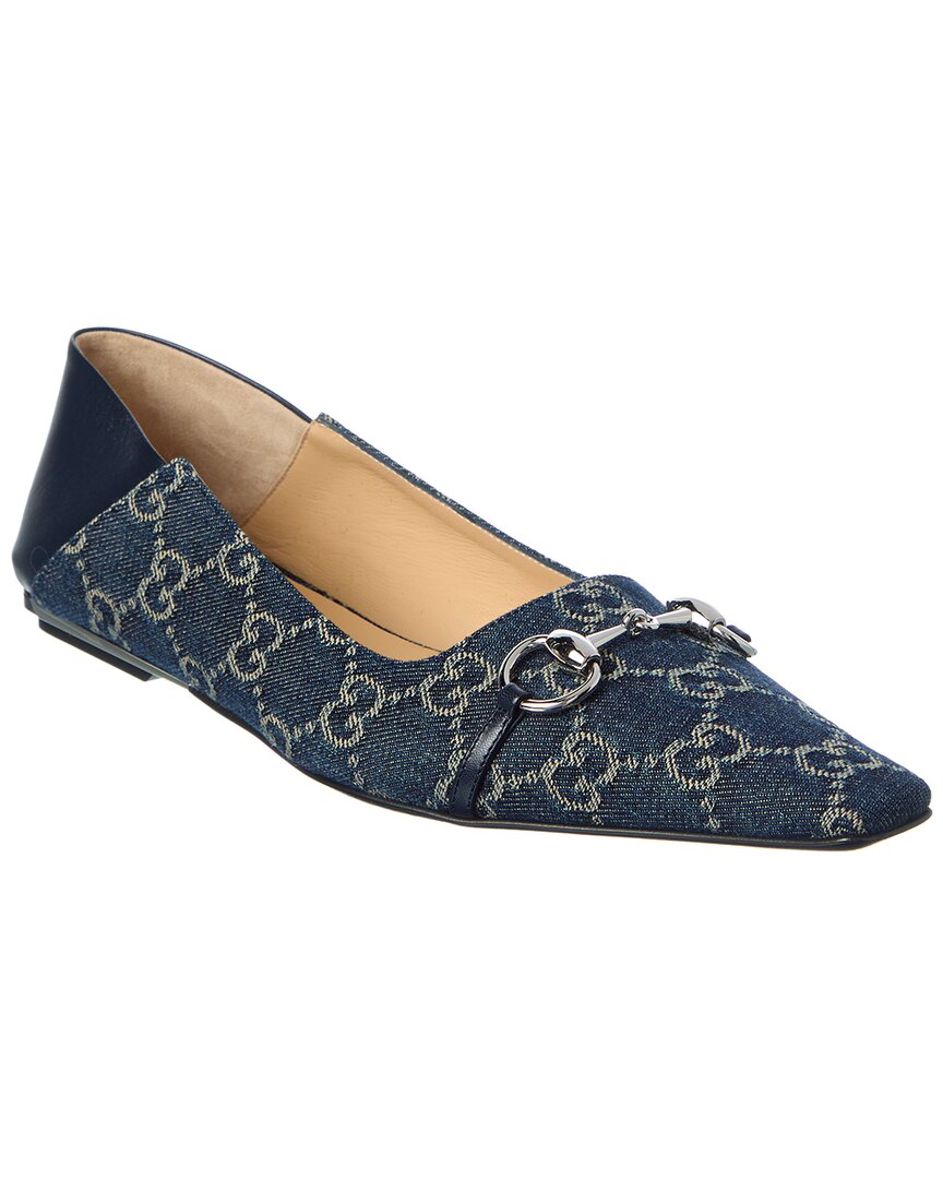 Gucci Gucci Vittoria Gg Denim & Leather Ballerina Flat