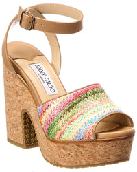 Jimmy Choo Deven 125 Raffia & Leather Wedge Sandal