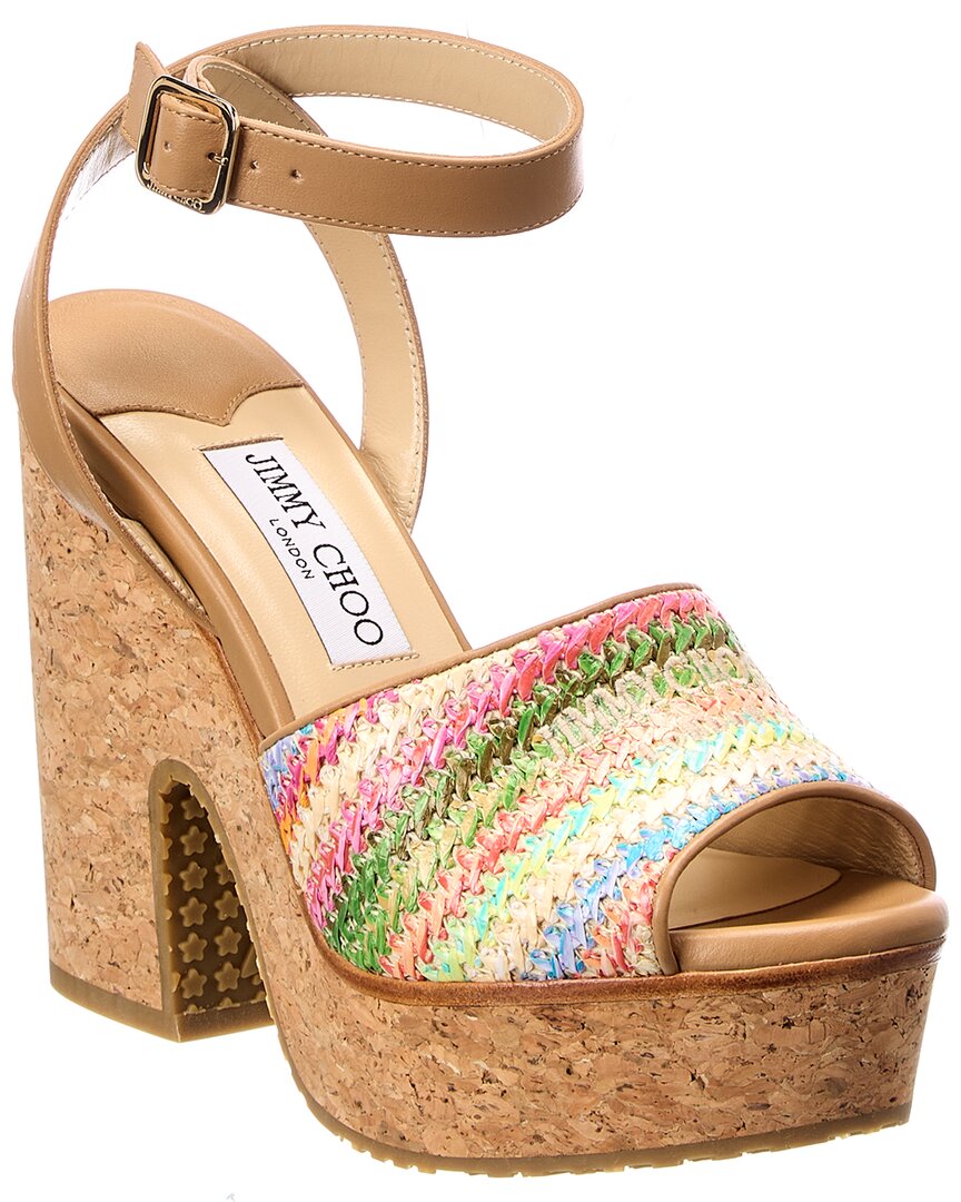 Jimmy Choo Deven 125 Raffia & Leather Wedge Sandal
