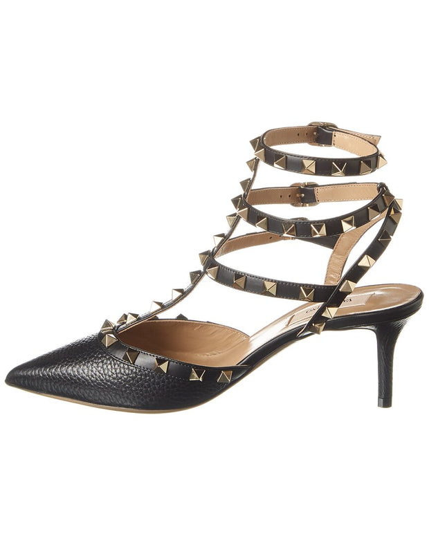 Valentino Rockstud Caged 65 Grainy Leather Ankle Strap Pump