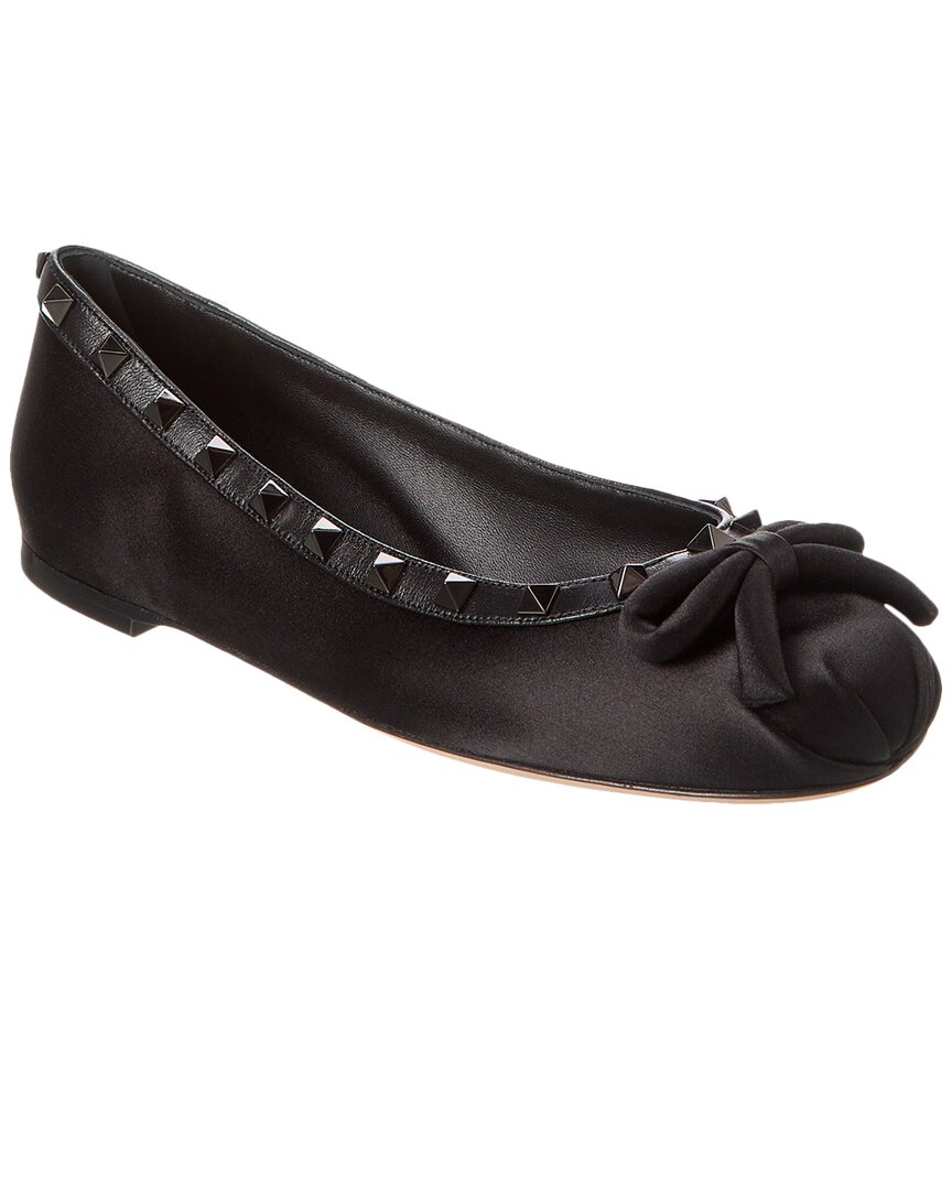 Valentino Rockstud Satin & Leather Ballerina Flat 38 Black