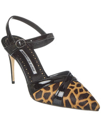 Manolo Blahnik Aristida 90 Haircalf & Patent Pump Brown Multi