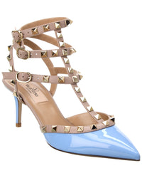 Valentino Rockstud Caged 65 Patent Ankle Strap Pump 37.5 Blue