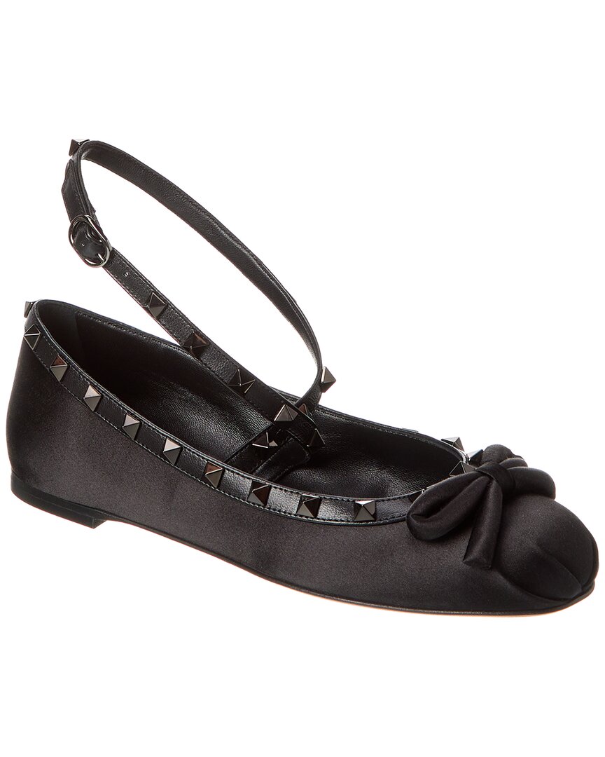 Valentino Rockstud Satin & Leather Flat Black