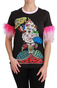 Dolce & Gabbana Black YEAR OF THE PIG Top Cotton Women's T-shirt