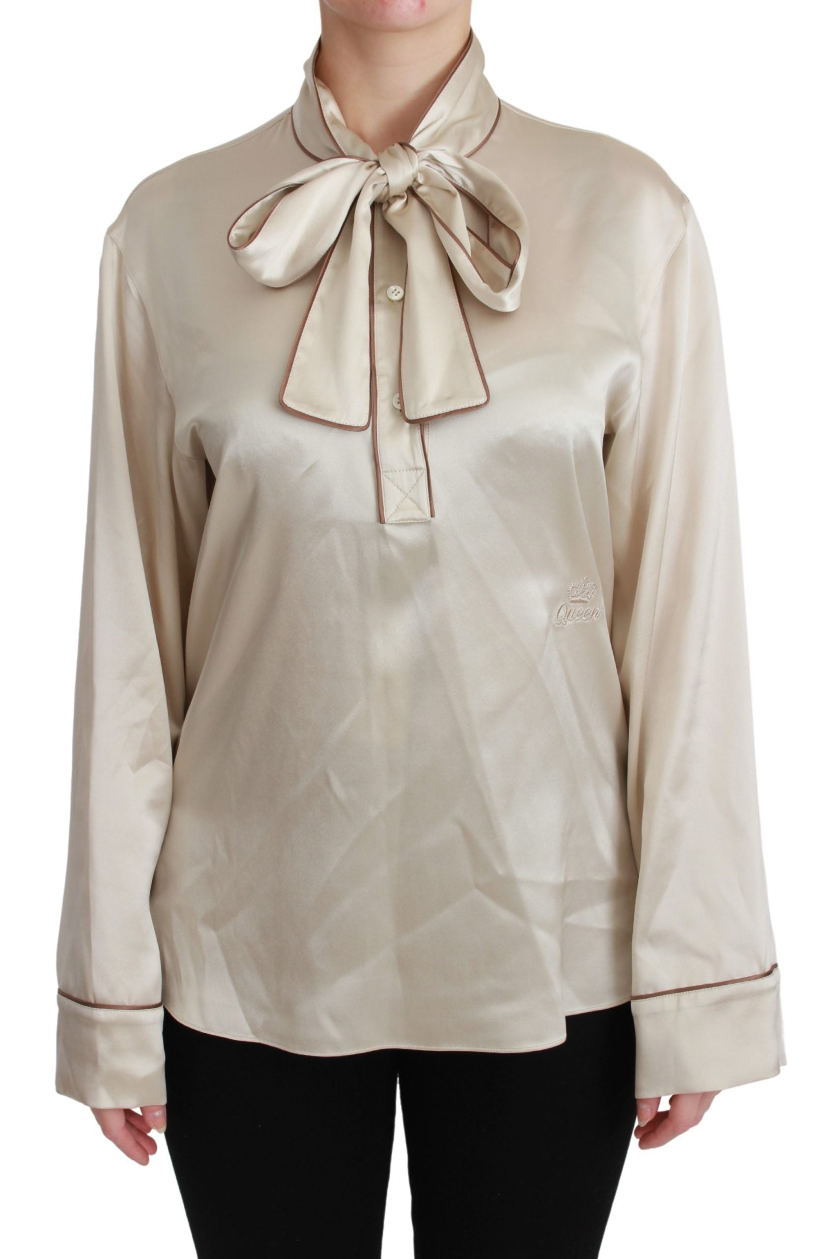 Dolce & Gabbana Beige Sleeve Top Queen Silk Satin Women's Blouse