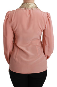 Dolce & Gabbana Pink Silk Gold Sequin Lace Blouse Women's Shirt