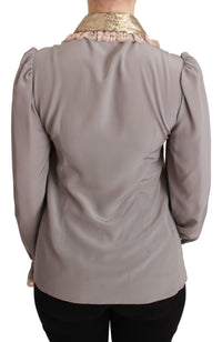 Dolce & Gabbana Gray Silk Gold Sequin Lace Blouse Women's Shirt