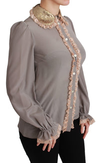 Dolce & Gabbana Gray Silk Gold Sequin Lace Blouse Women's Shirt