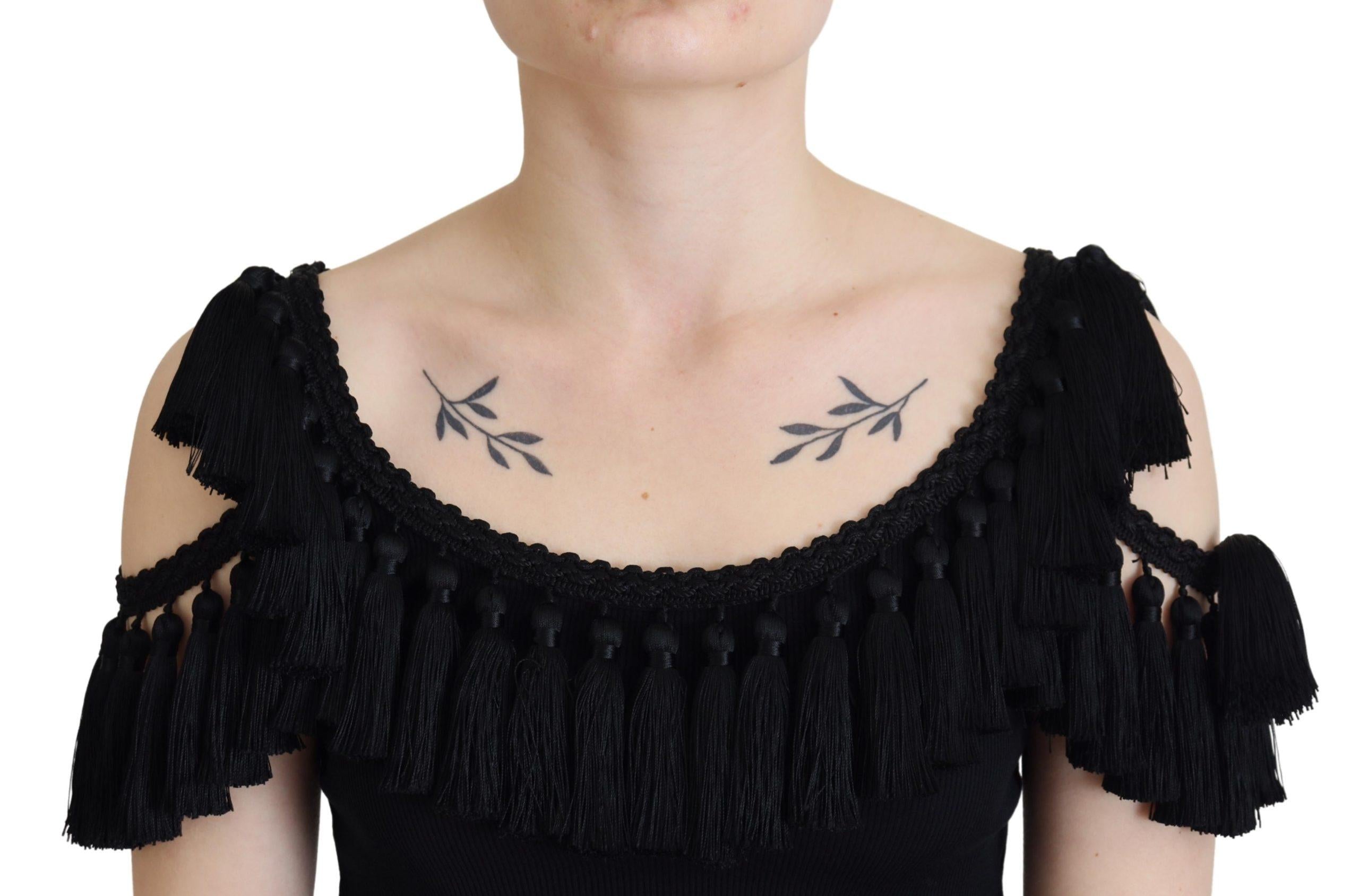 Dolce & Gabbana Black Ribbed T-shirt with Tassels