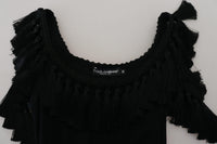 Dolce & Gabbana Black Ribbed T-shirt with Tassels