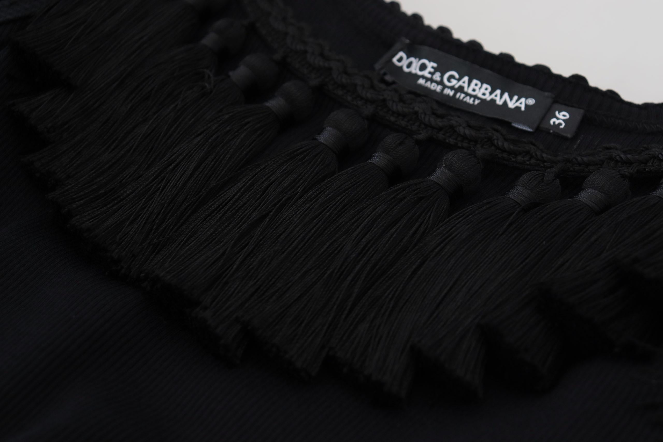 Dolce & Gabbana Black Ribbed T-shirt with Tassels