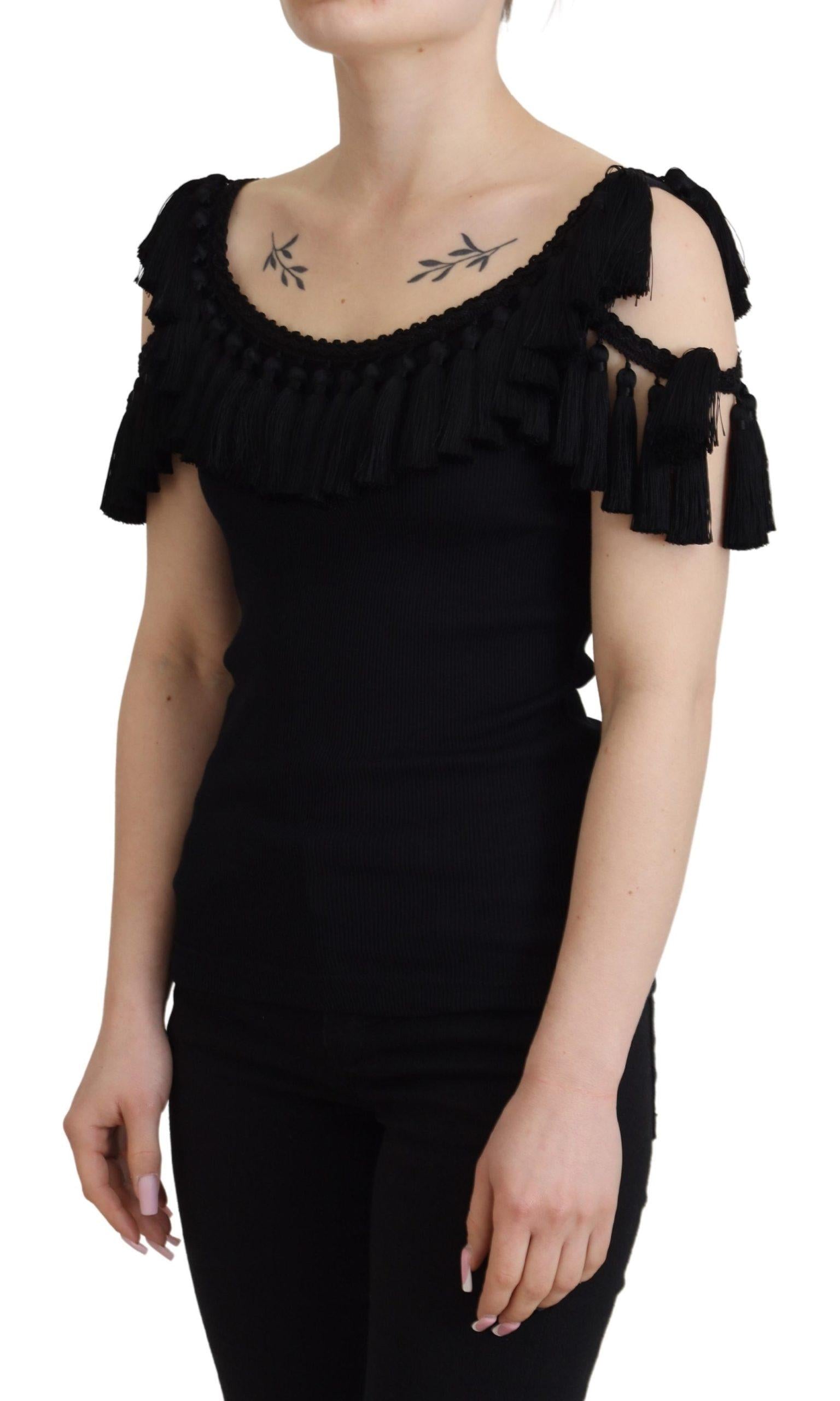 Dolce & Gabbana Black Ribbed T-shirt with Tassels