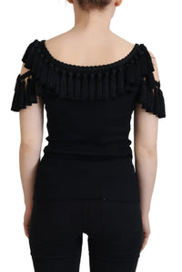 Dolce & Gabbana Black Ribbed T-shirt with Tassels