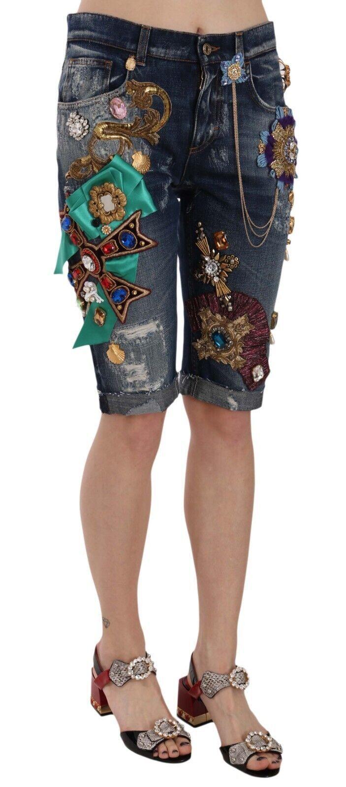 【VIP価格】DOLCE & GABBANA Embellished Denim Shorts Dolce & Gabbana rhinestone-embellished Denim Shorts | Blue