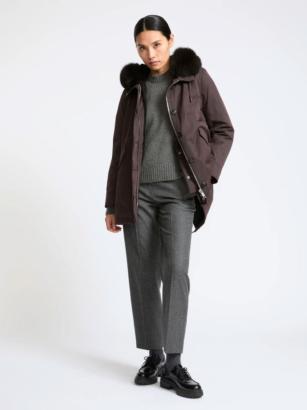 Parka Corto Iconico In Misto Cotone Impermeabile Con Pelliccia Di Volpe E Coniglio Women