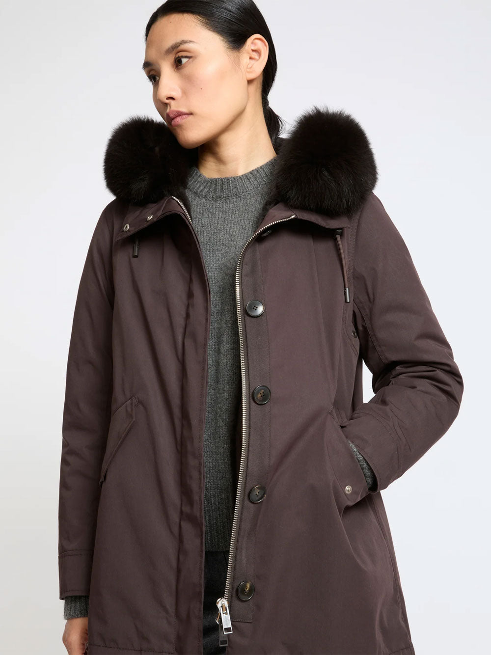 Parka Corto Iconico In Misto Cotone Impermeabile Con Pelliccia Di Volpe E Coniglio Women