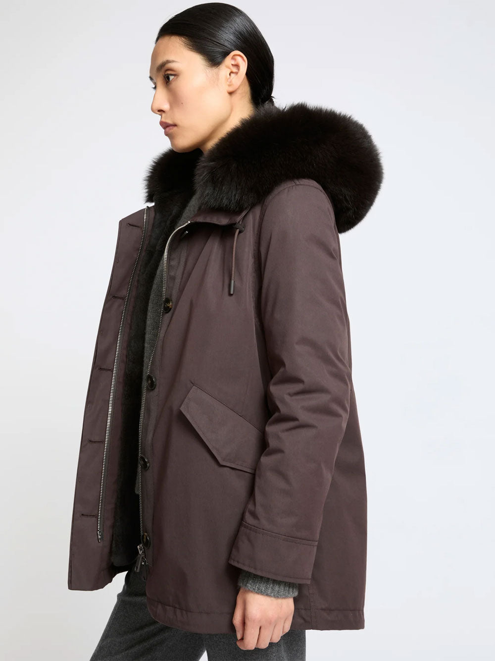 Parka Corto Iconico In Misto Cotone Impermeabile Con Pelliccia Di Volpe E Coniglio Women