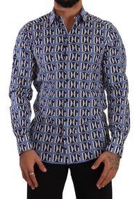 Dolce & Gabbana Men's Blue DG All Over Logo Print Long Sleeve Shirt