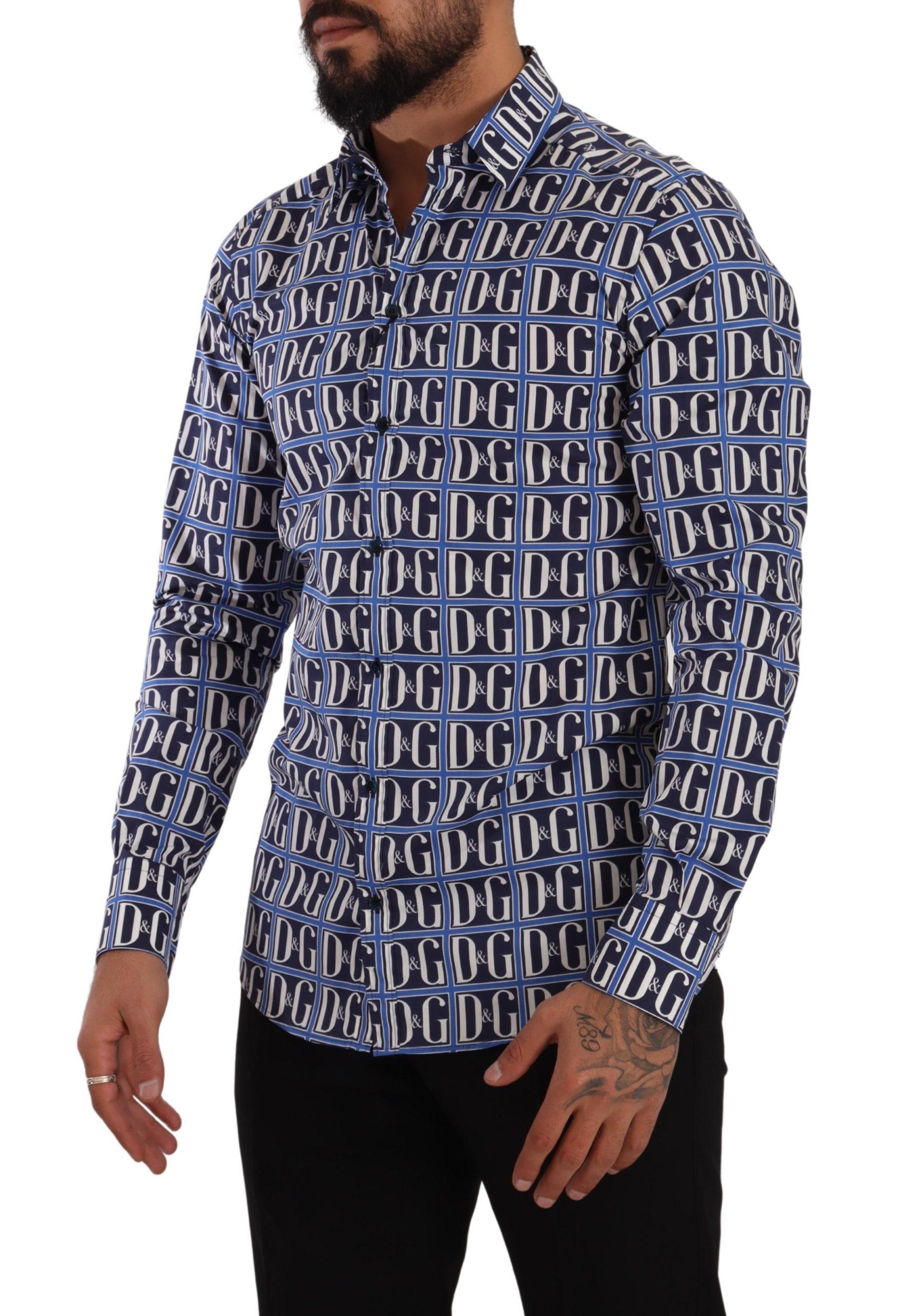 Dolce & Gabbana Men's Blue DG All Over Logo Print Long Sleeve Shirt