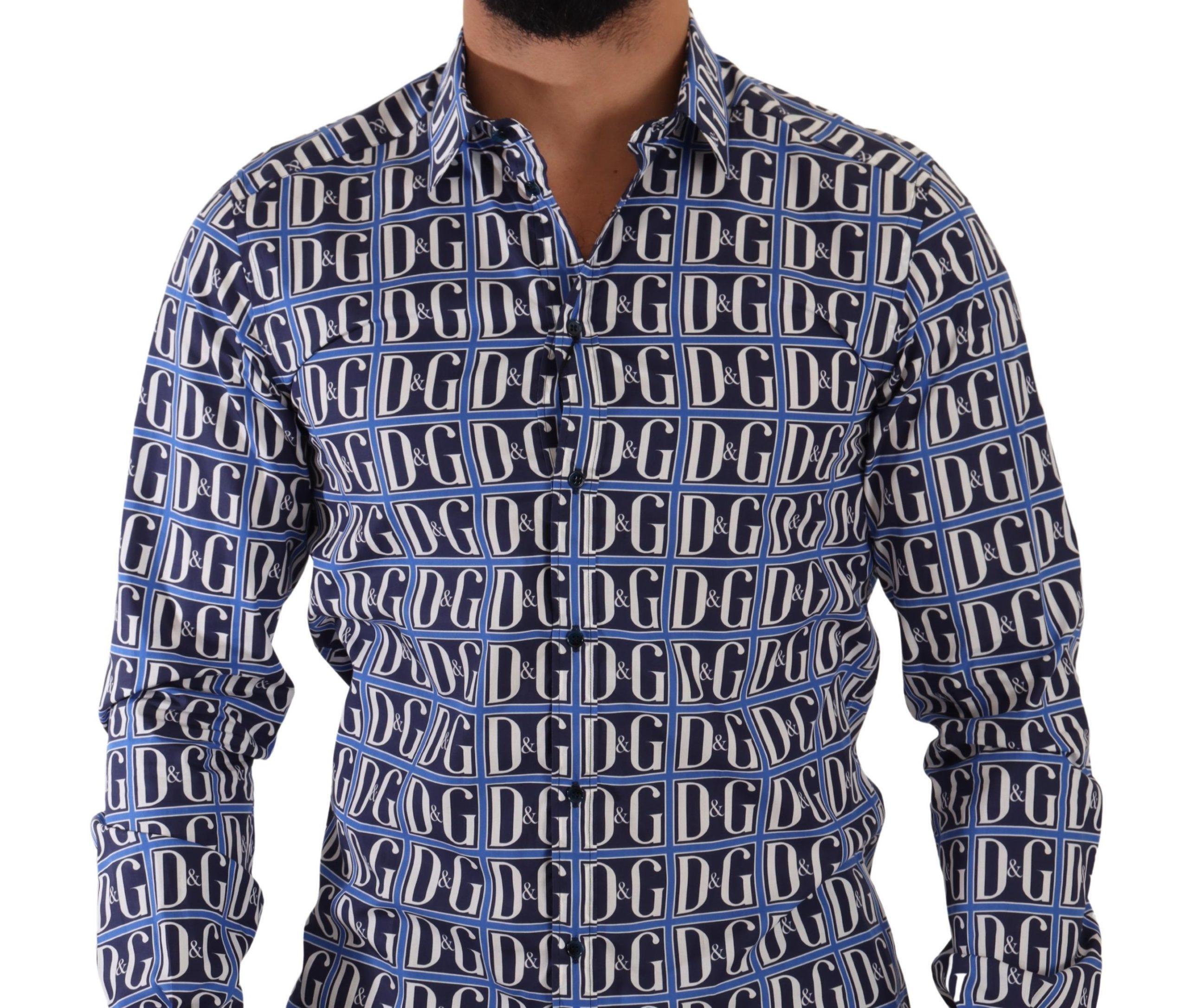 Dolce & Gabbana Men's Blue DG All Over Logo Print Long Sleeve Shirt