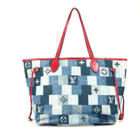 Louis Vuitton Neverfull Tote Damier And Monogram Patchwork Denim Blue Denim_Jeans Shoulder Bag Bag (Pre-Loved)
