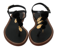 Dolce & Gabbana Black Leather Coins Flip Flops Sandals Women's Shoes