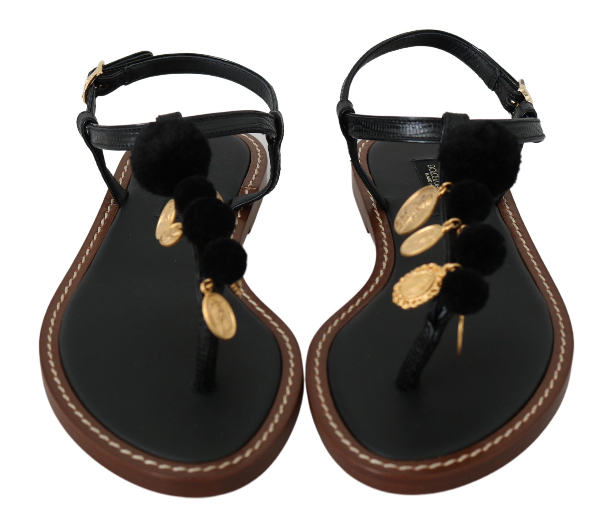 Dolce & Gabbana Black Leather Coins Flip Flops Sandals Women's Shoes