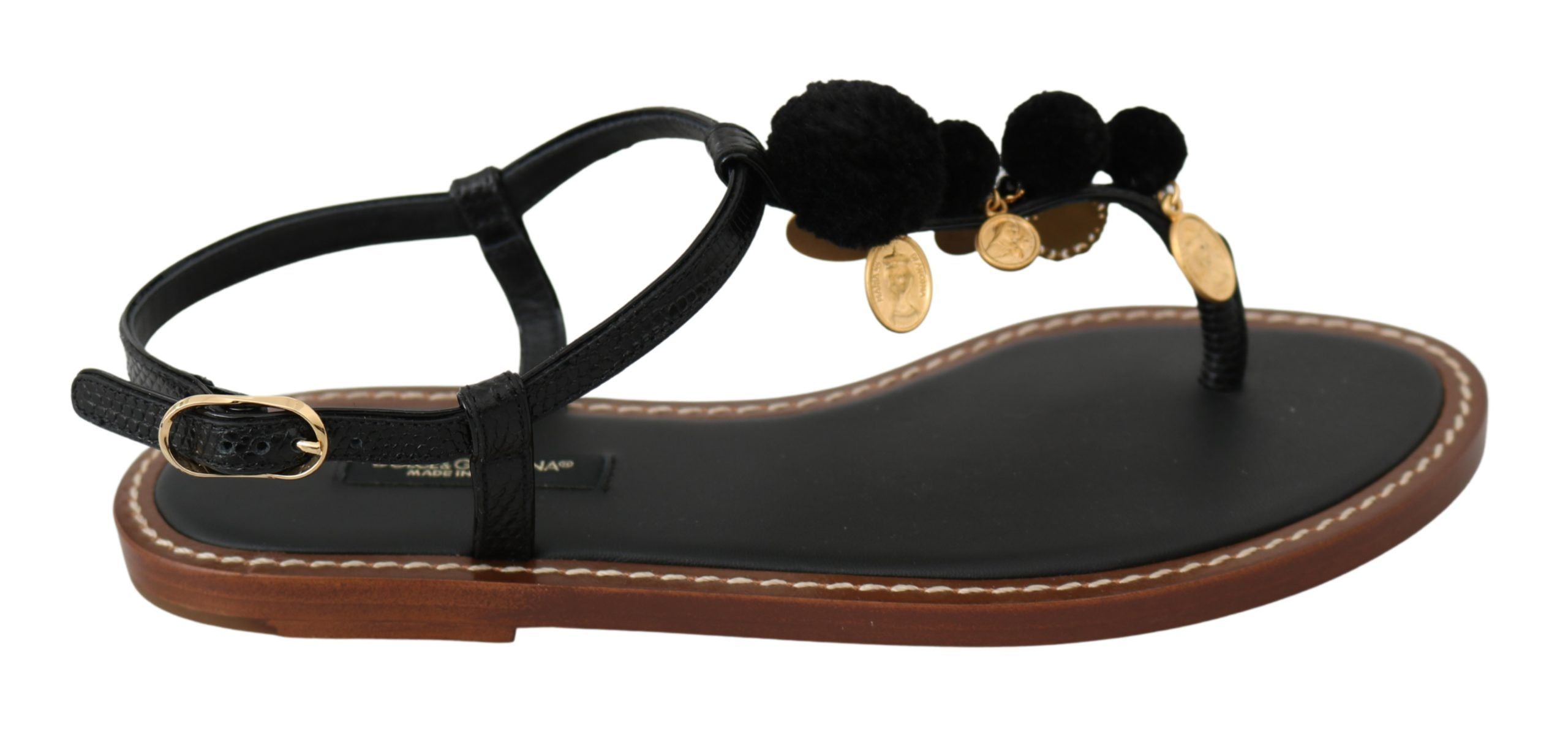 Dolce & Gabbana Black Leather Coins Flip Flops Sandals Women's Shoes