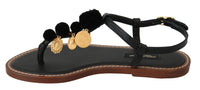 Dolce & Gabbana Black Leather Coins Flip Flops Sandals Women's Shoes