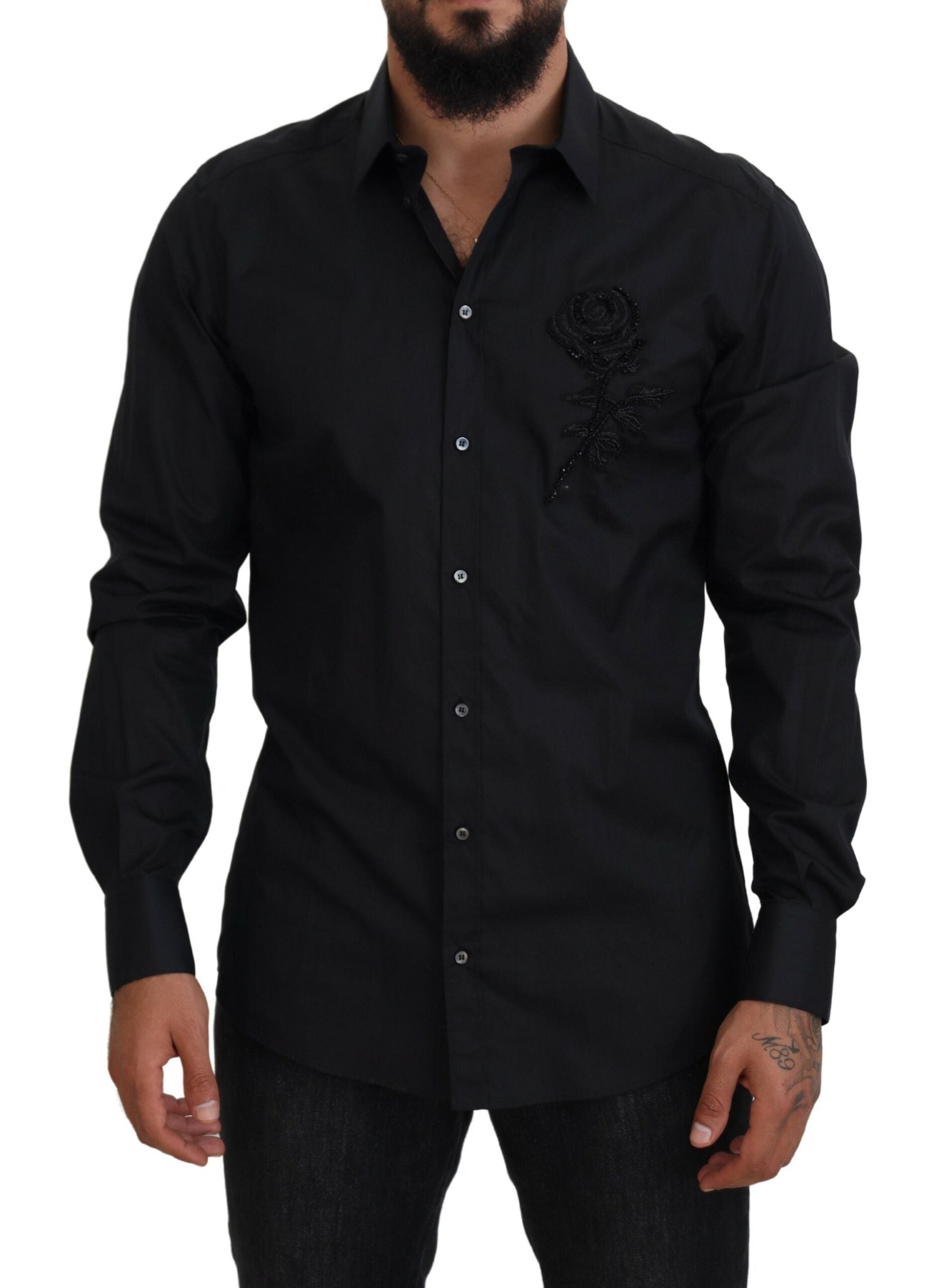 Dolce & Gabbana  Men's Rose Embroidered Long Sleeve Shirt Black