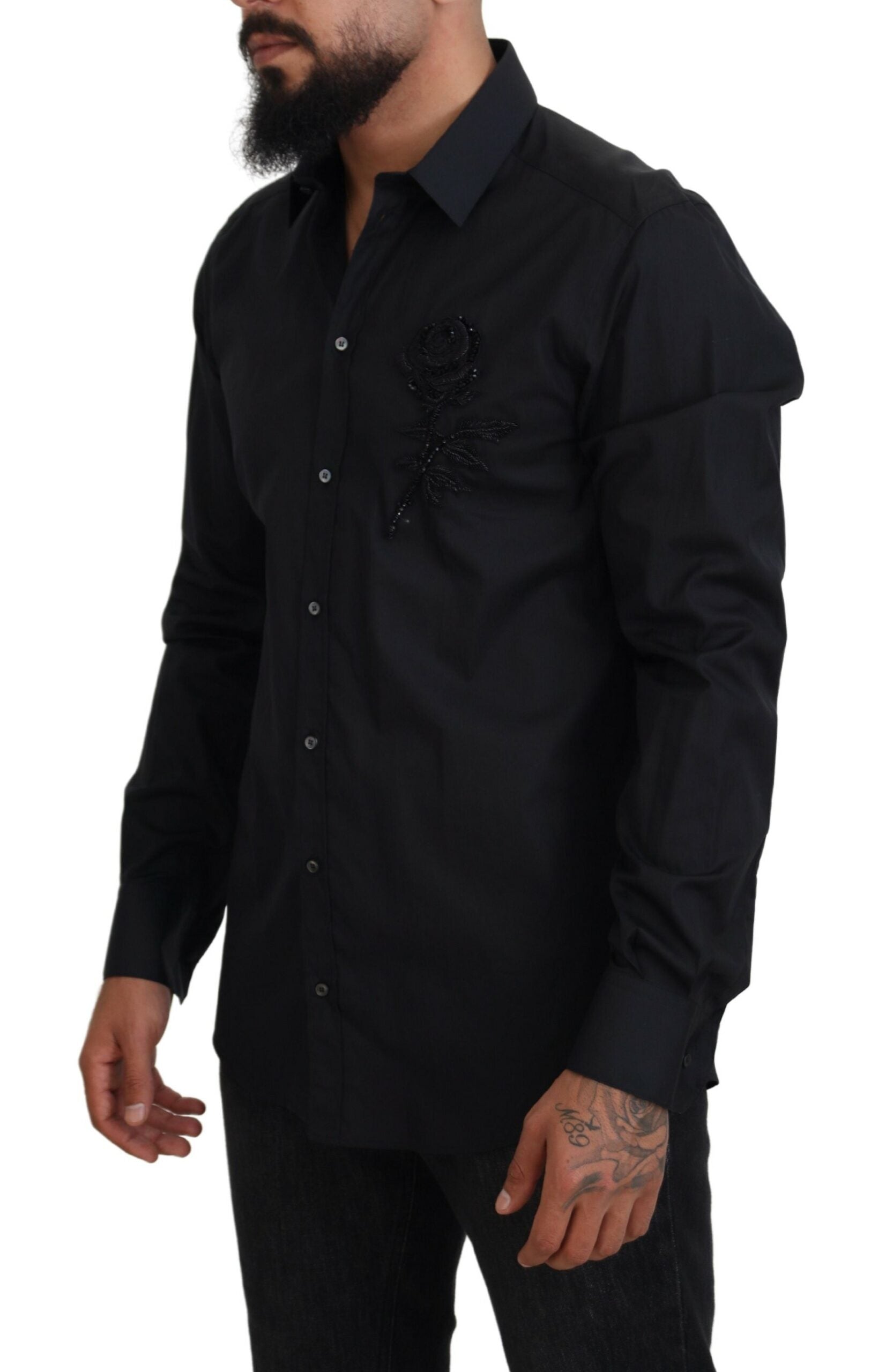 Dolce & Gabbana  Men's Rose Embroidered Long Sleeve Shirt Black
