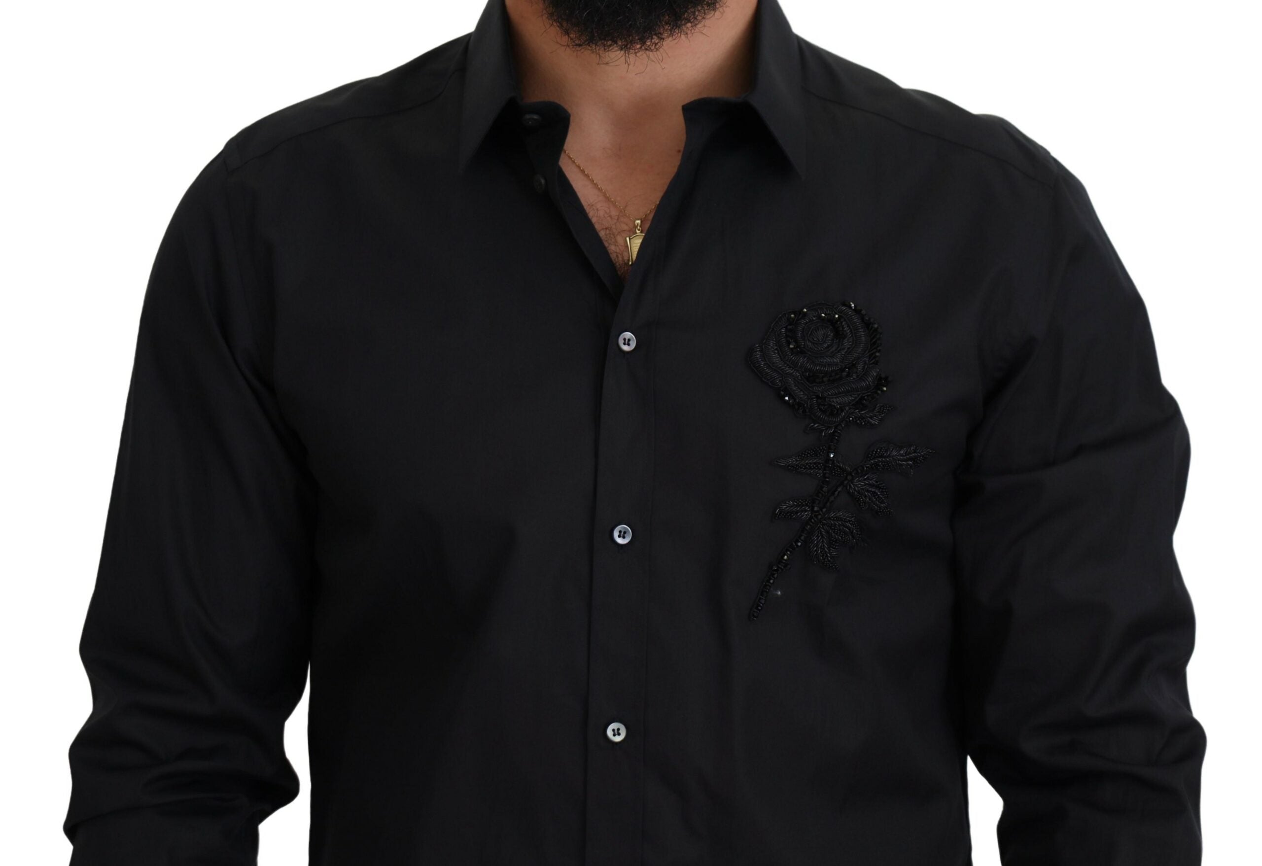 Dolce & Gabbana  Men's Rose Embroidered Long Sleeve Shirt Black