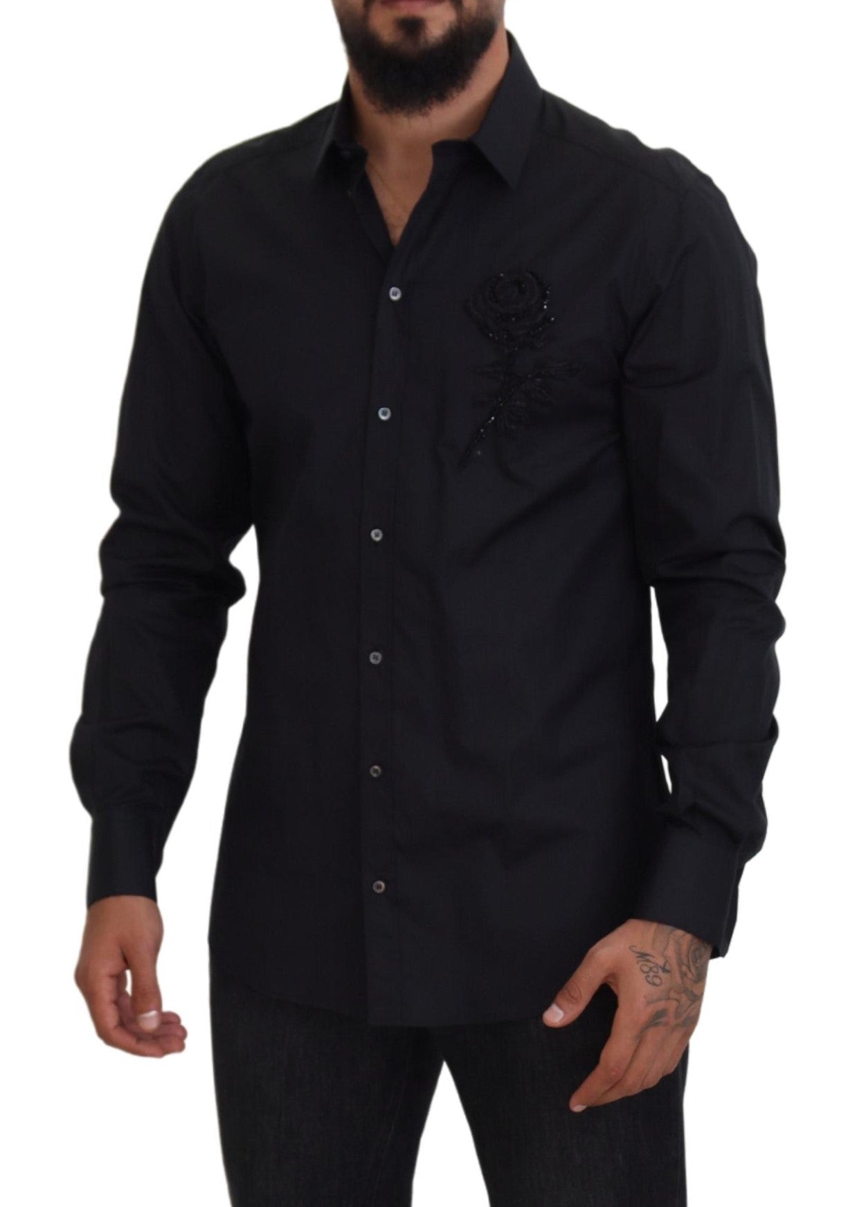 Dolce & Gabbana  Men's Rose Embroidered Long Sleeve Shirt Black