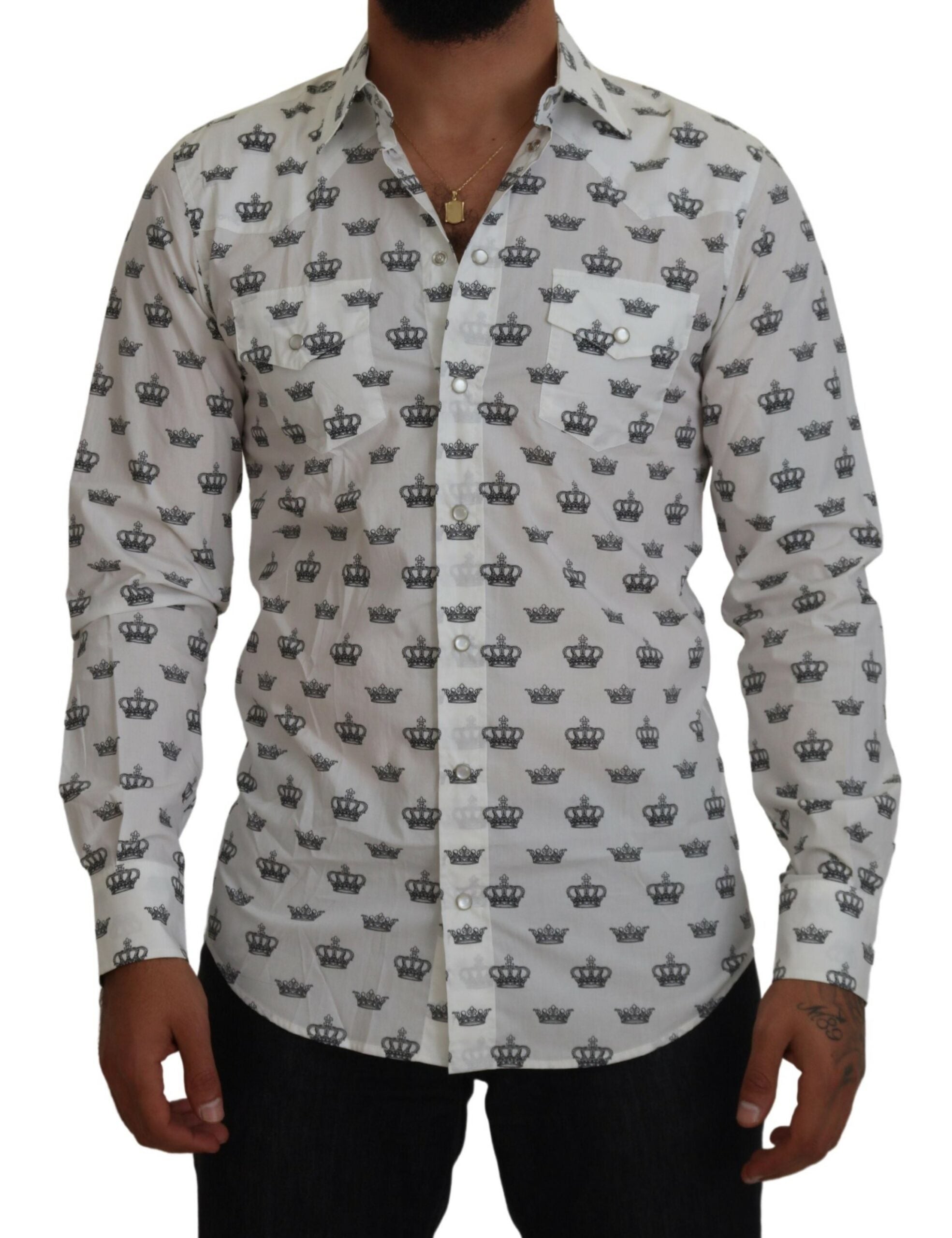 Dolce & Gabbana  Men's Crown Print Cotton Shirt White