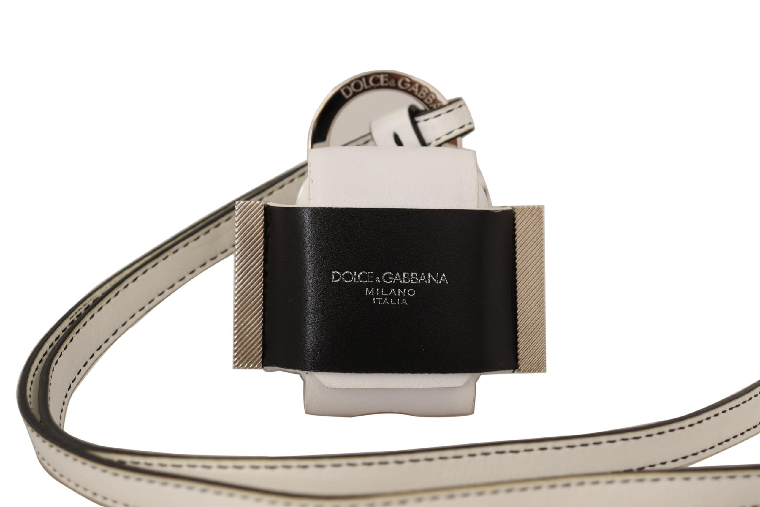 Dolce Gabbana White Black Leather Strap Silver Metal Logo Airpods Case