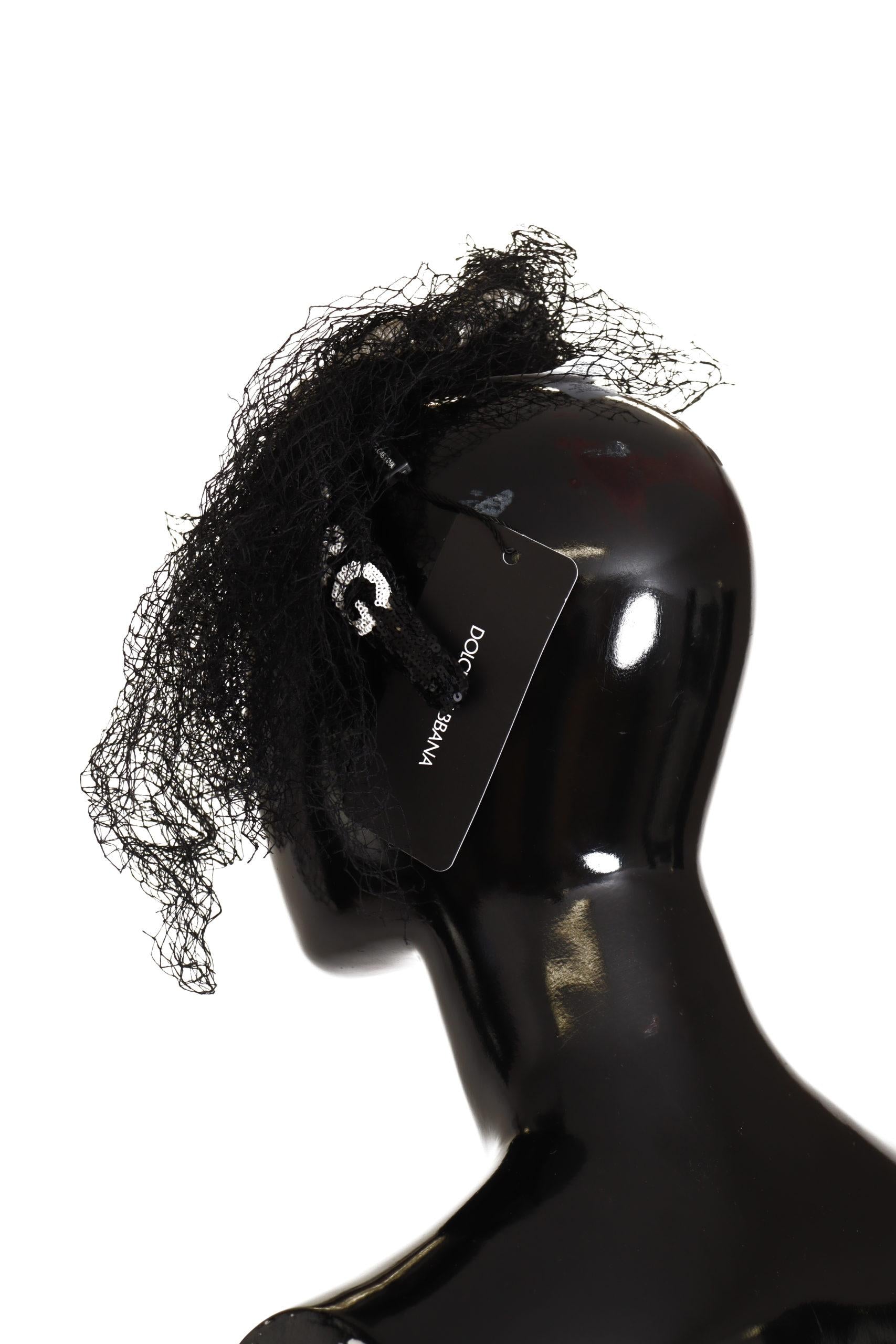 Dolce & Gabbana Black Sequined Hair Clip with Feather Accent