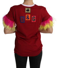 Dolce & Gabbana Red Pig Print Feather Sleeves T-shirt Women's Top