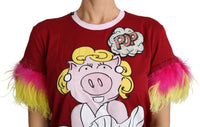 Dolce & Gabbana Red Pig Print Feather Sleeves T-shirt Women's Top