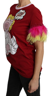 Dolce & Gabbana Red Pig Print Feather Sleeves T-shirt Women's Top