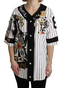 Dolce & Gabbana White and black Blouse Cotton Crystal Charms Amore Women's Shirt