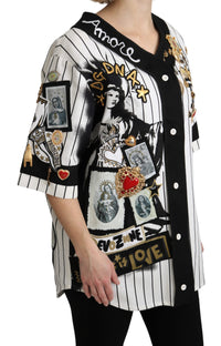 Dolce & Gabbana White and black Blouse Cotton Crystal Charms Amore Women's Shirt