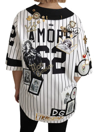 Dolce & Gabbana White and black Blouse Cotton Crystal Charms Amore Women's Shirt