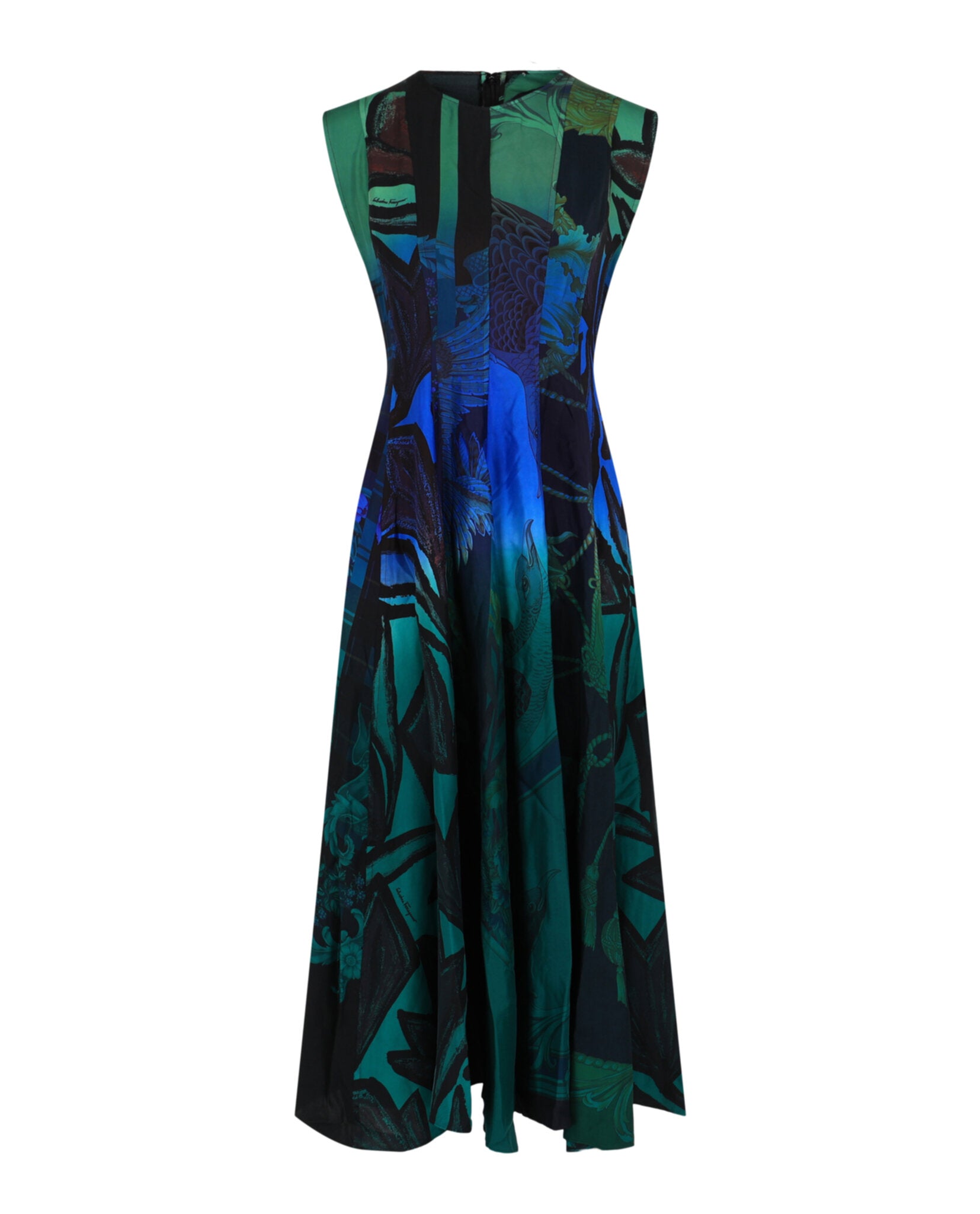Ferragamo Womens Sleeveless Graphic Printed Silk Midi Dress 44 Multi