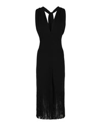 Ferragamo Womens Plunging Sleeveless Fringe-Hem Midi Dress