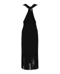 Ferragamo Womens Plunging Sleeveless Fringe-Hem Midi Dress