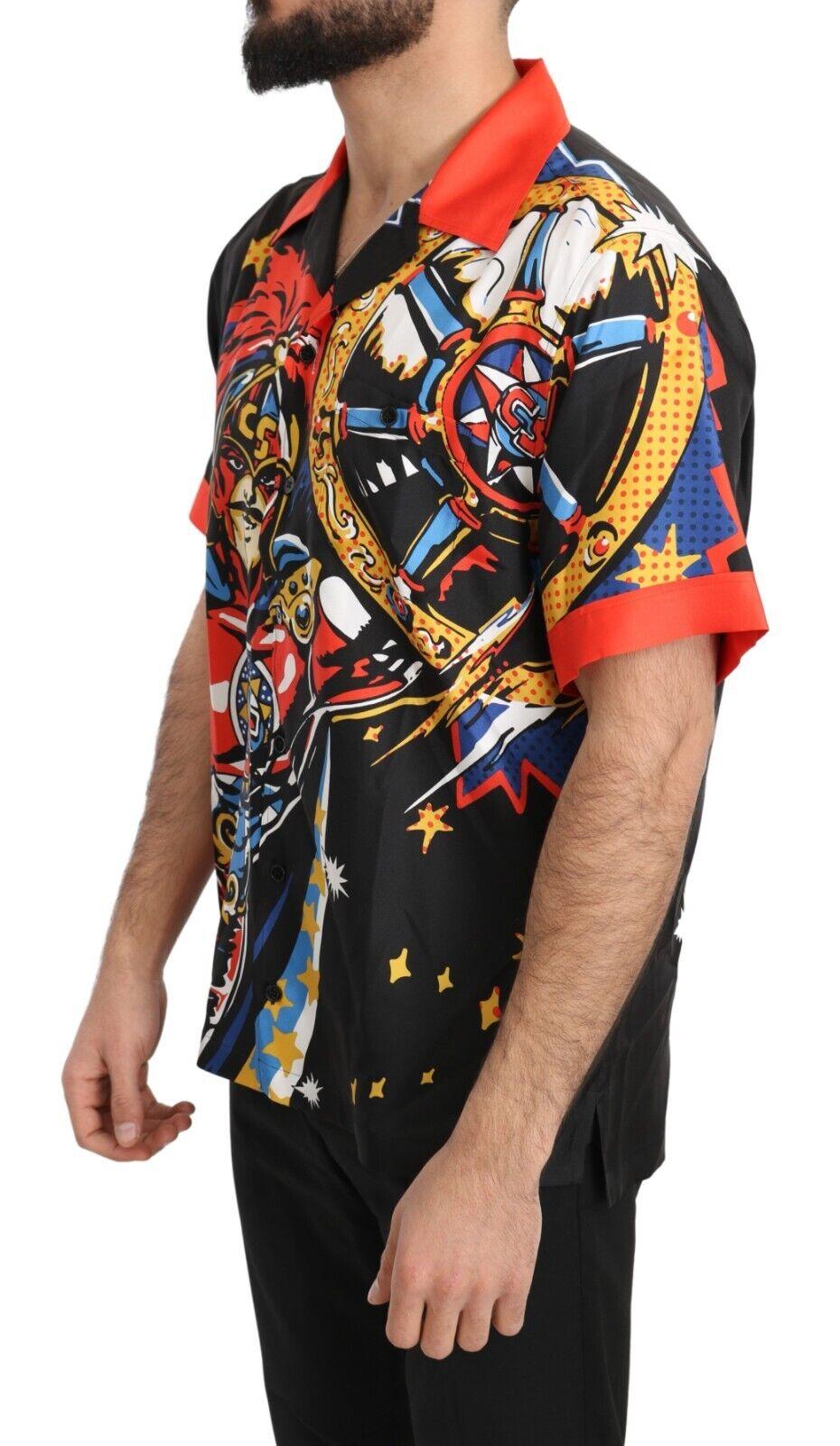 Dolce & Gabbana  Men's Black Short Sleeve Silk Shirt with Colorful Print