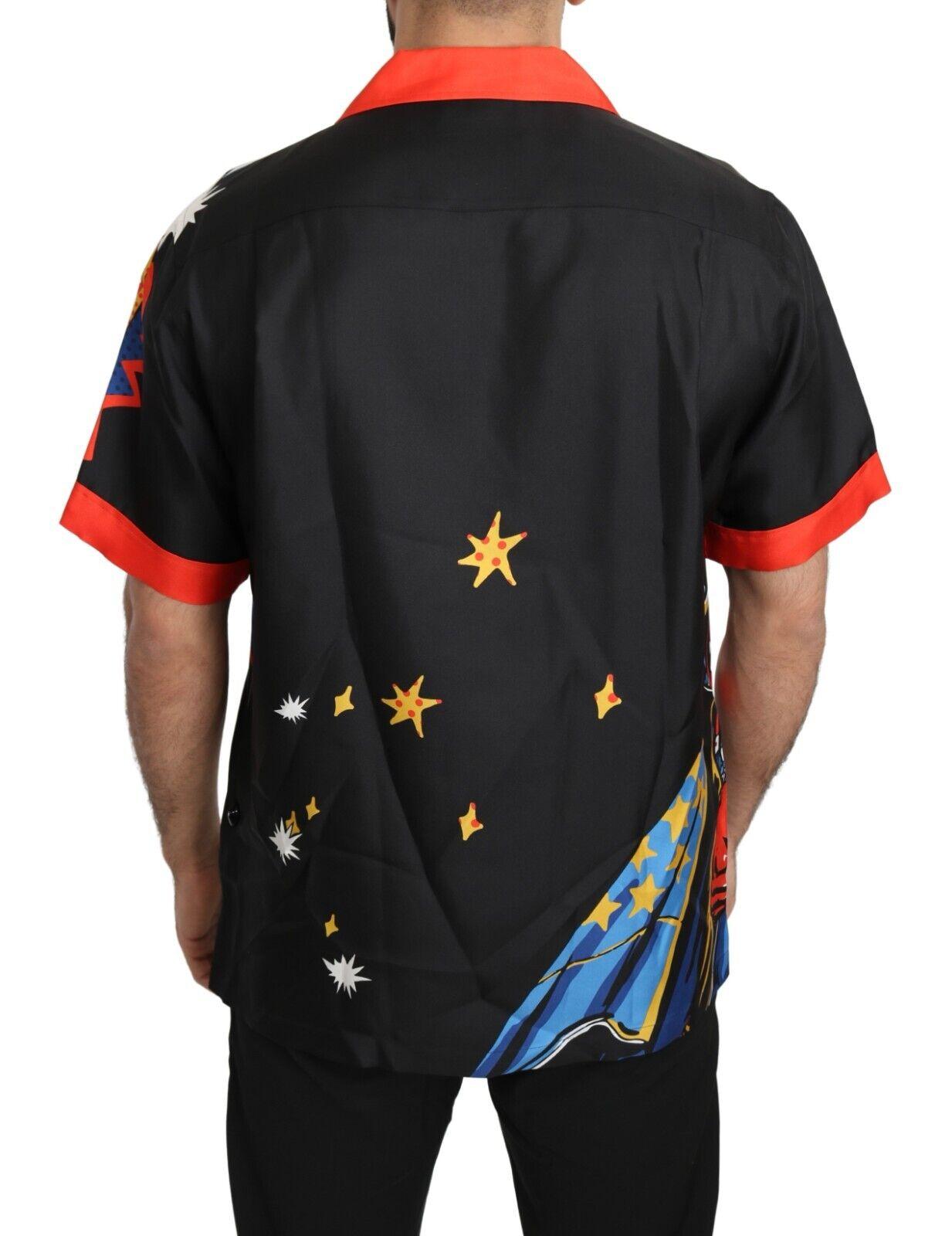 Dolce & Gabbana  Men's Black Short Sleeve Silk Shirt with Colorful Print