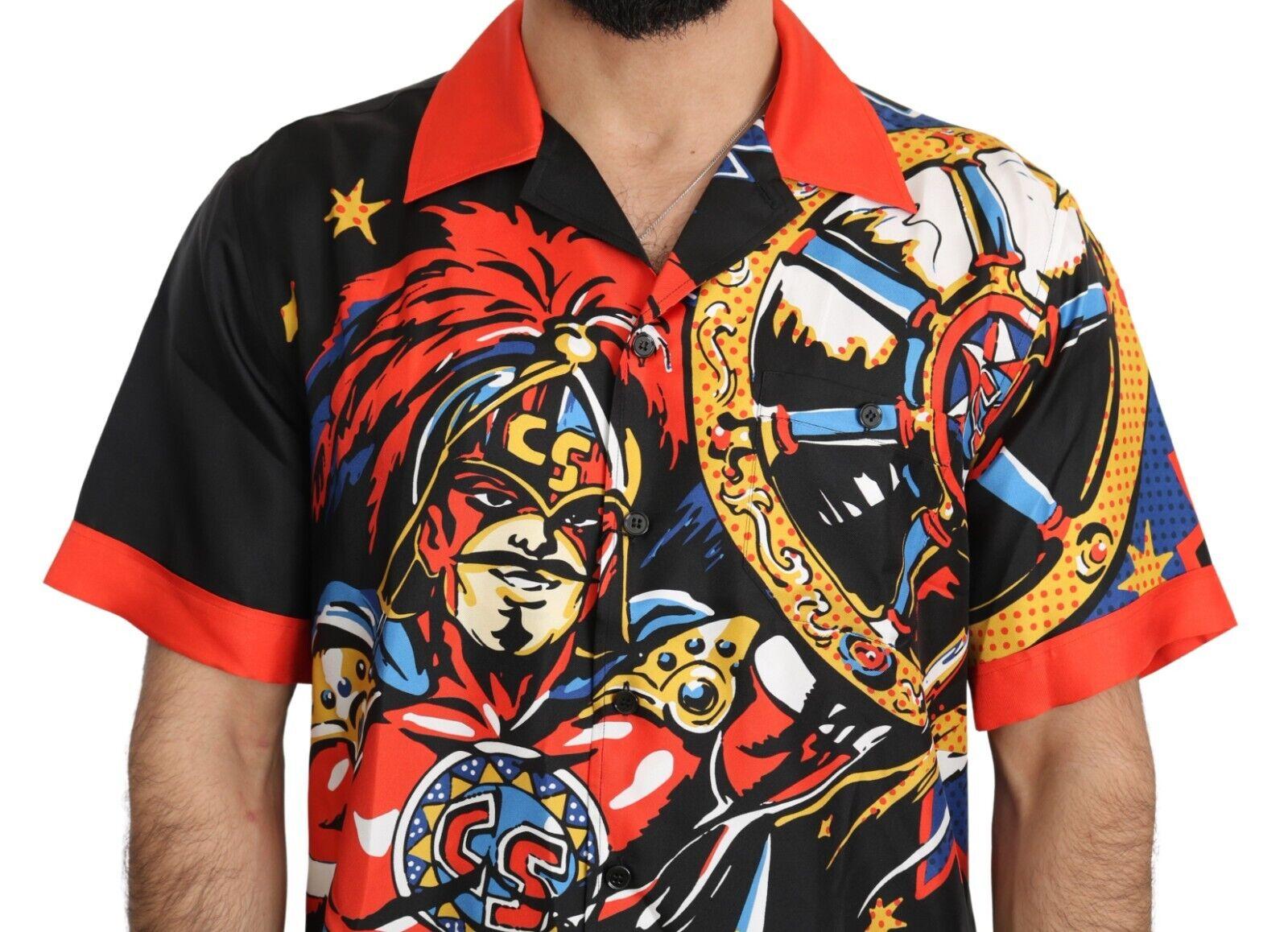 Dolce & Gabbana  Men's Black Short Sleeve Silk Shirt with Colorful Print